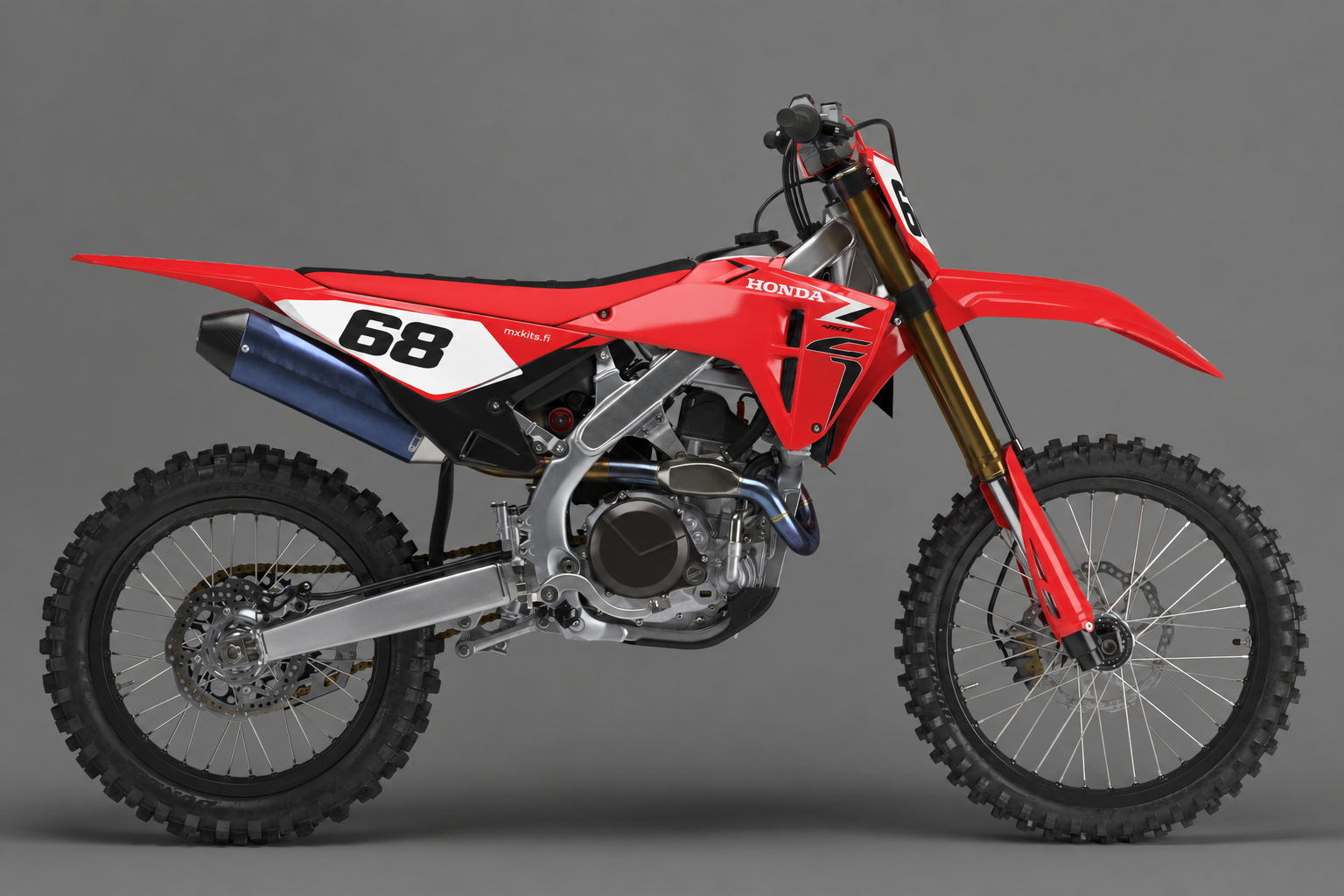 Punainen, musta ja valkoinen Honda-motocrosspyörä sponsorittomalla Punakiila-grafiikalla, numero 68 ja mxkits.fi.