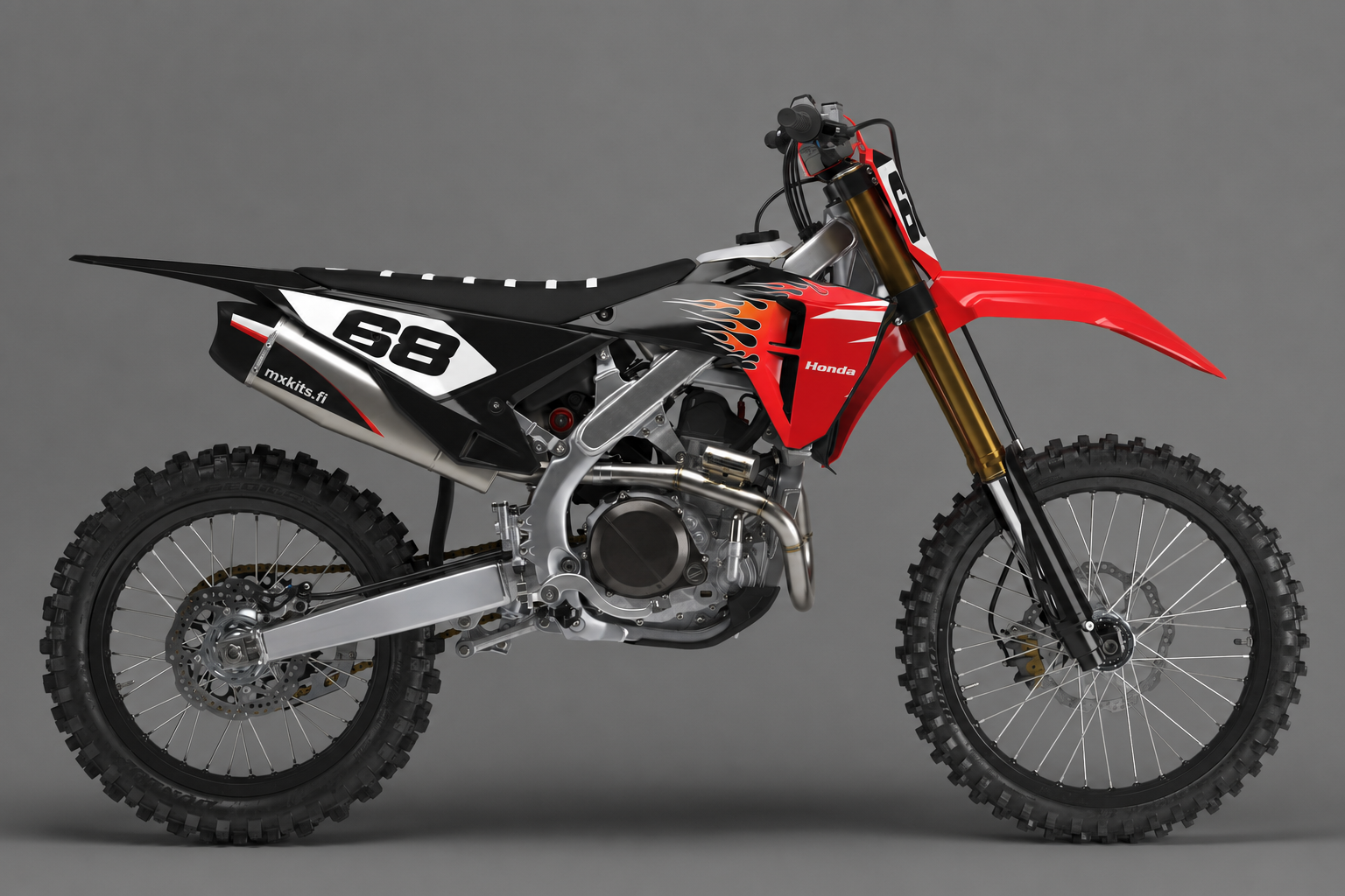 Honda Puoliroihu personoitava motocross-tarrasarja, punainen, musta ja valkoinen sponsoriton grafiikka sekä esimerkkiluku 68