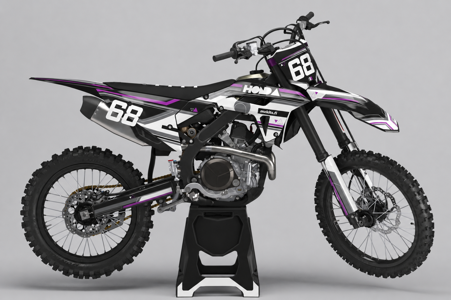 Honda Purppuraformaatti motocross-tarrasarja sivukuvassa numerolla 68, musta, valkoinen ja purppura