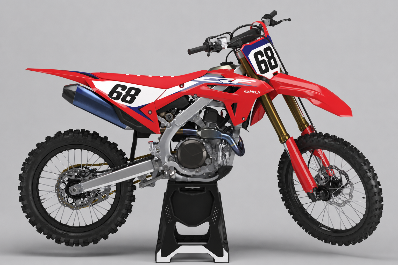 Honda Siniterä -motocross-tarrasarja punaisella, valkoisella ja tummansinisellä grafiikalla, numerot 68 sekä pieni mxkits.fi-sivumerkintä