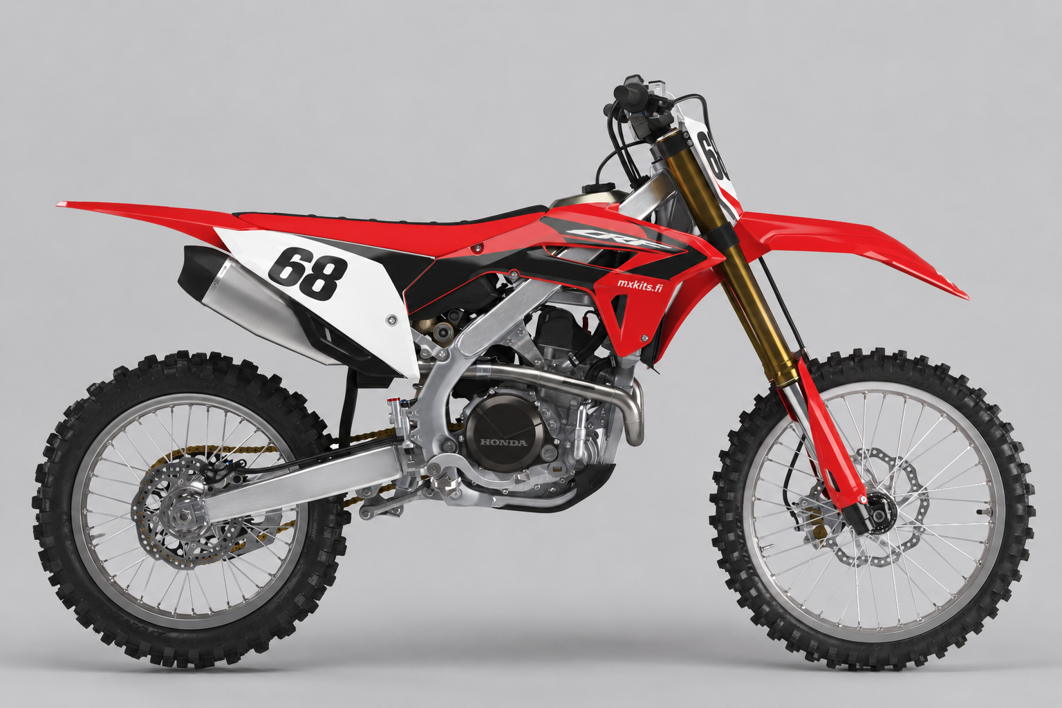 Punavalkoinen Honda CRF Tyyni Kontrasti motocross-tarrasarja numerolla 68 harmaalla studiotaustalla