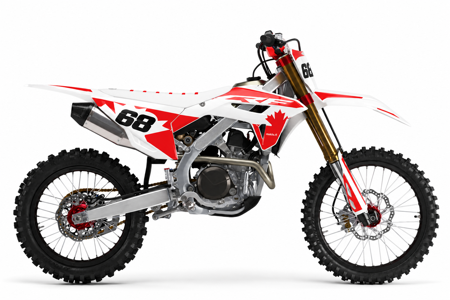 Puna-valkoinen Honda CRF Vaahteran Voima -motocross-tarrasarja vaahteralehdellä ja numerolla 68