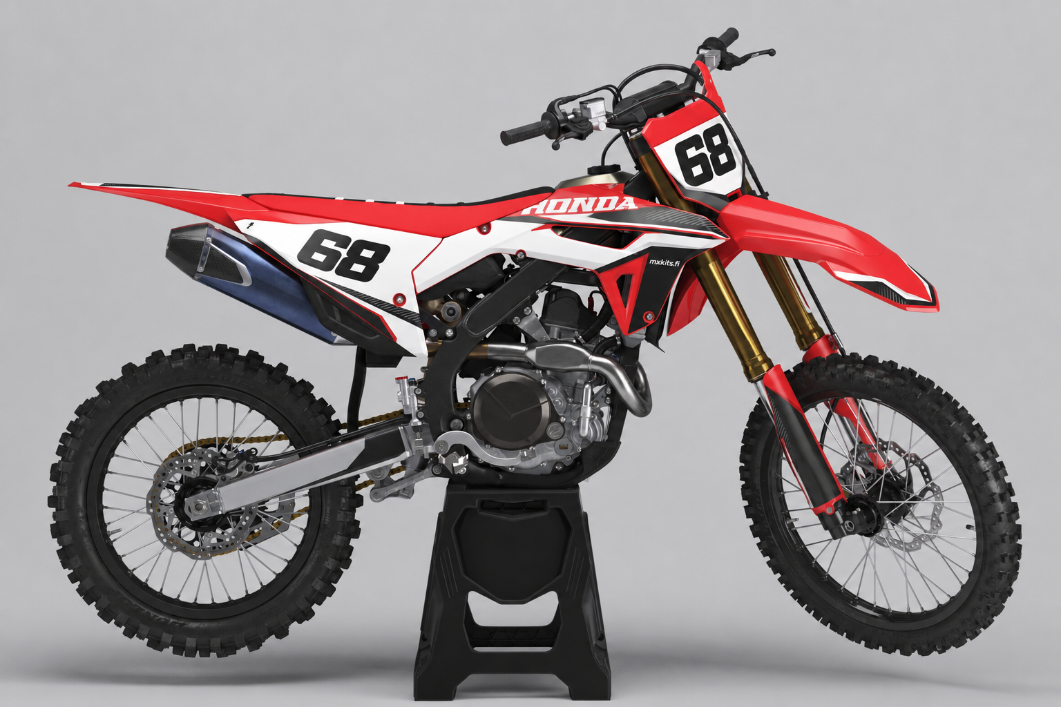 Puna-musta Honda CRF Välisyke -motocross-tarrasarja sivukuvassa numerolla 68