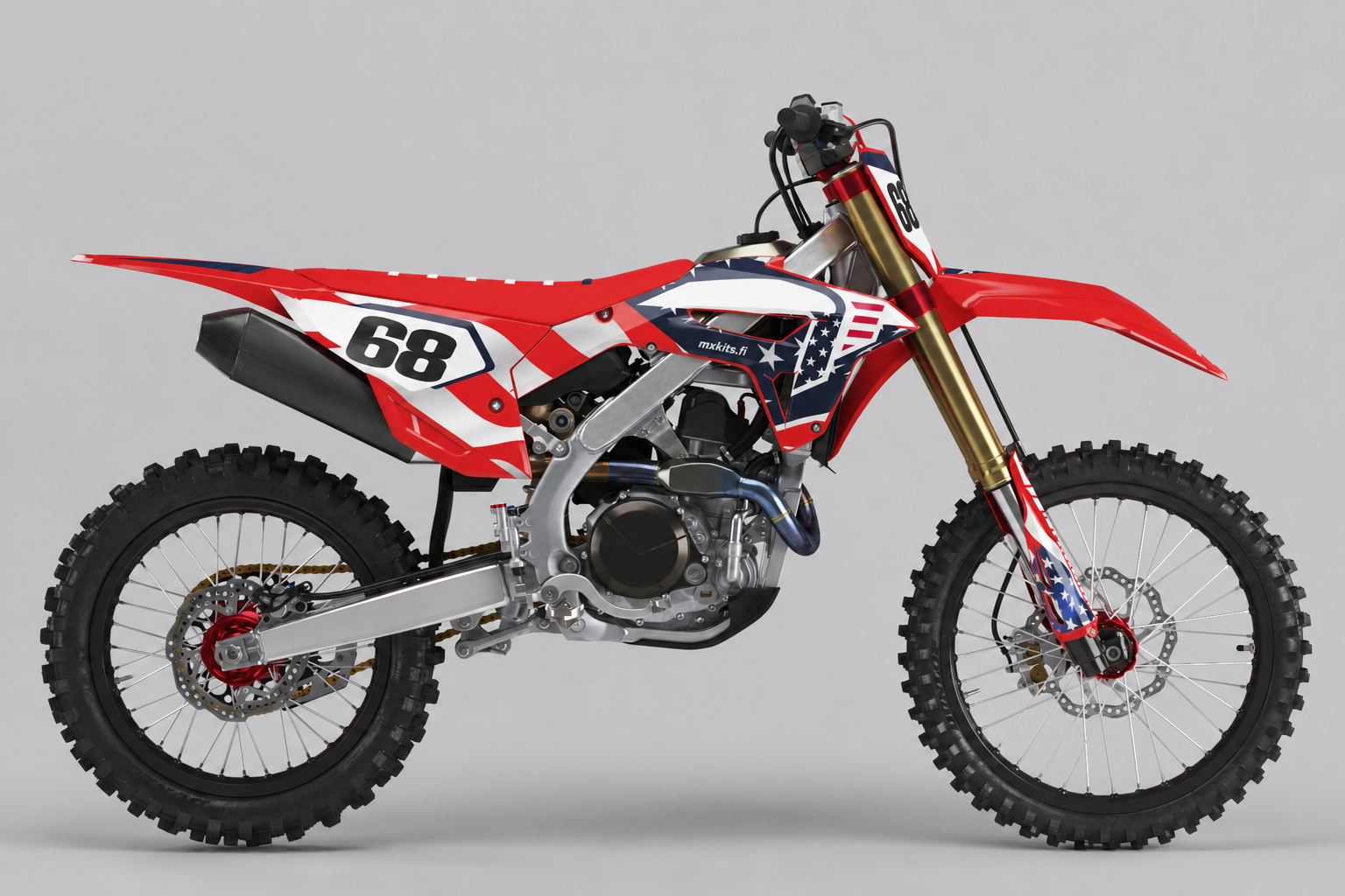 Punavalkosininen Honda CRF Vapauden Kipinä tarrasarja tähtikuviolla ja numerolla 68