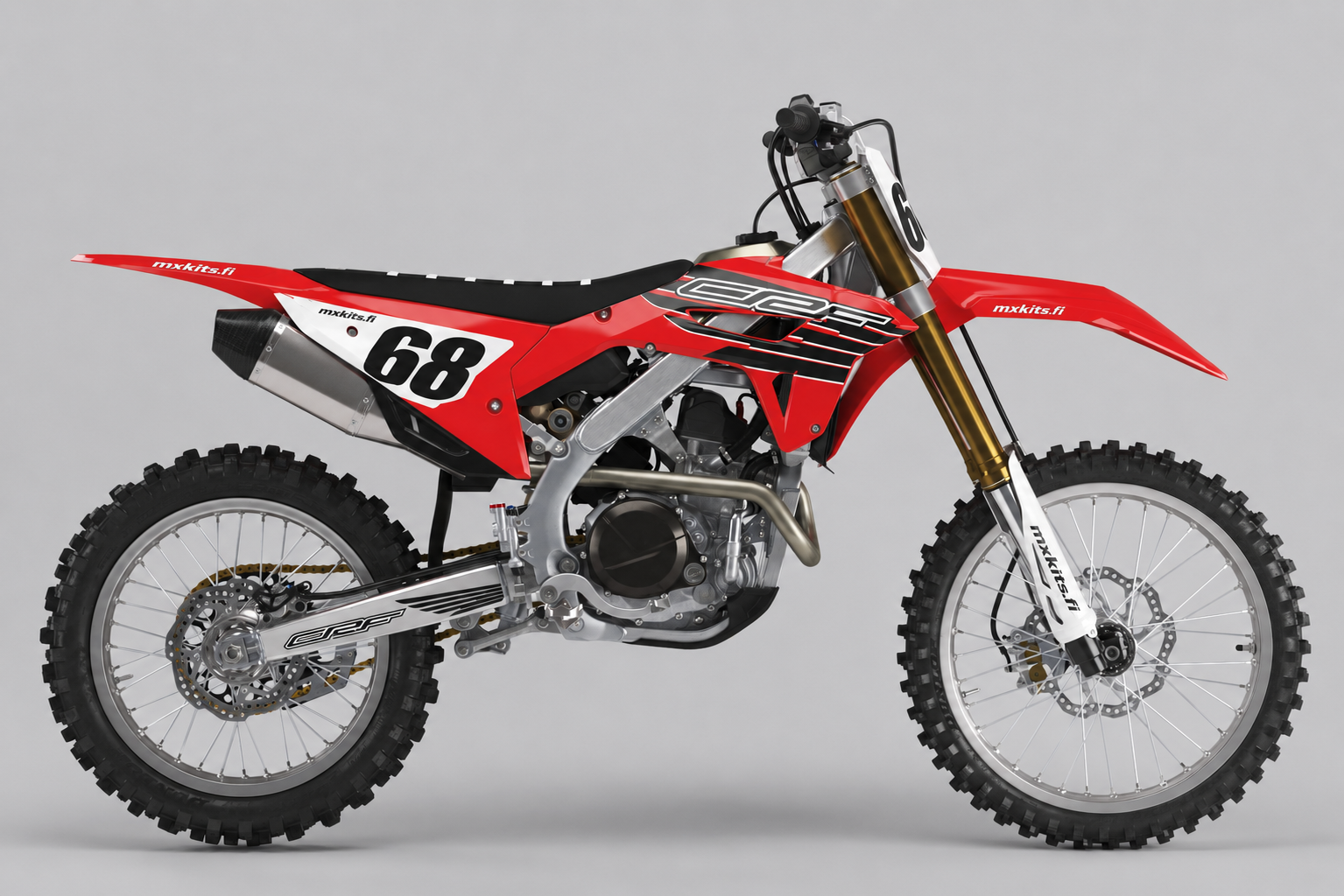 Honda Vuosituhatviima punavalkoinen sponsoriton motocross-tarrasarja numerolla 68