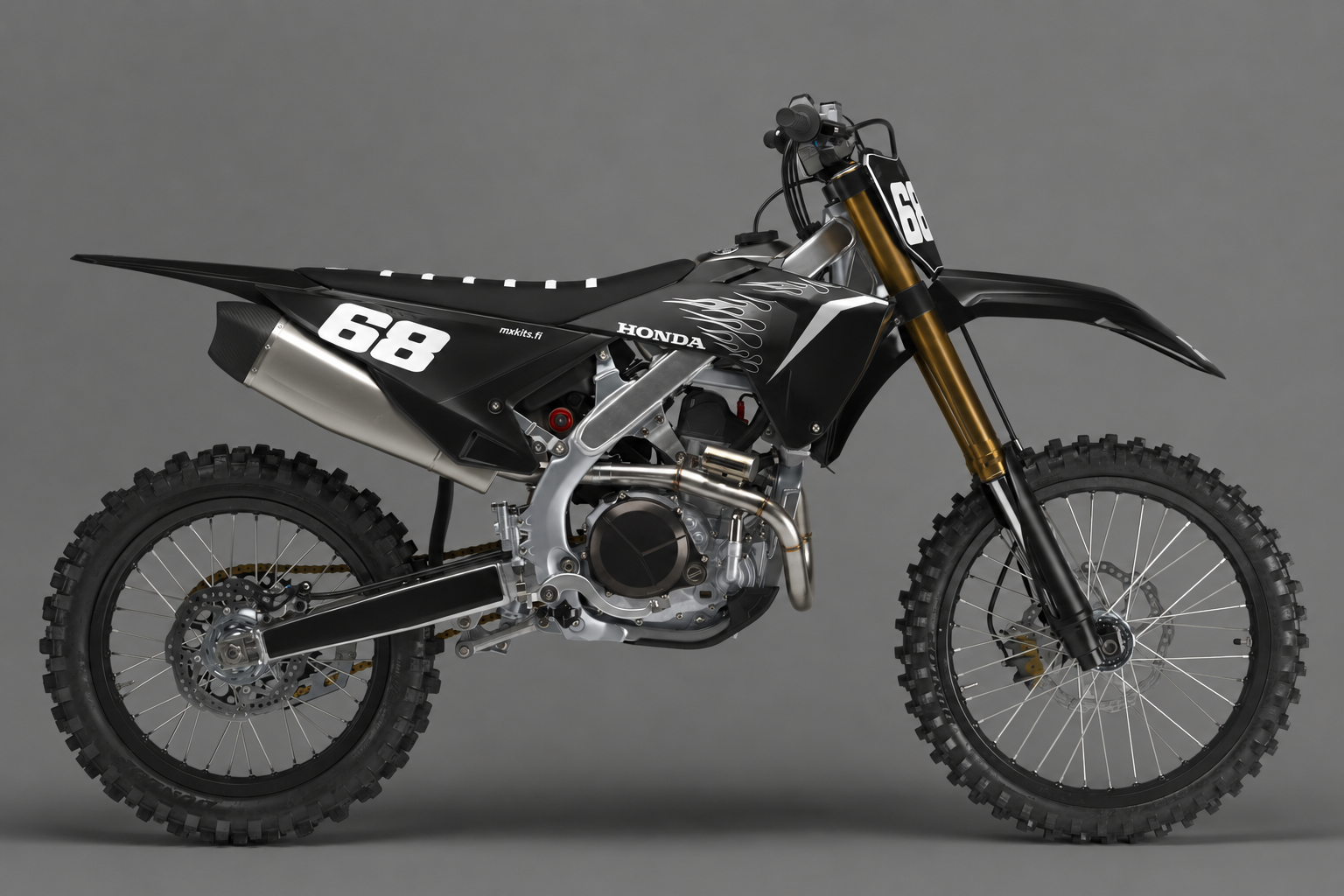 Honda Yöroihu personoitava motocross-tarrasarja, musta liekkidesign, kilpailunumero 68 ja mxkits.fi