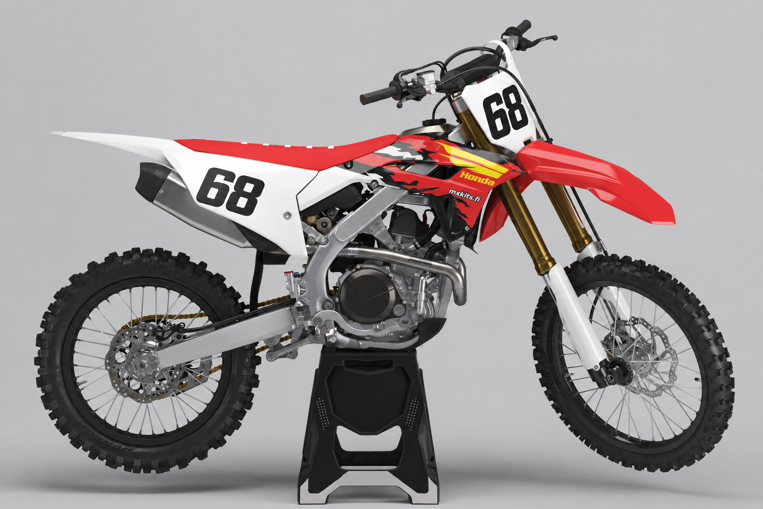 Punavalkoinen Honda CRF Ysäripaine -motocross-tarrasarja keltaisilla yksityiskohdilla ja numerolla 68