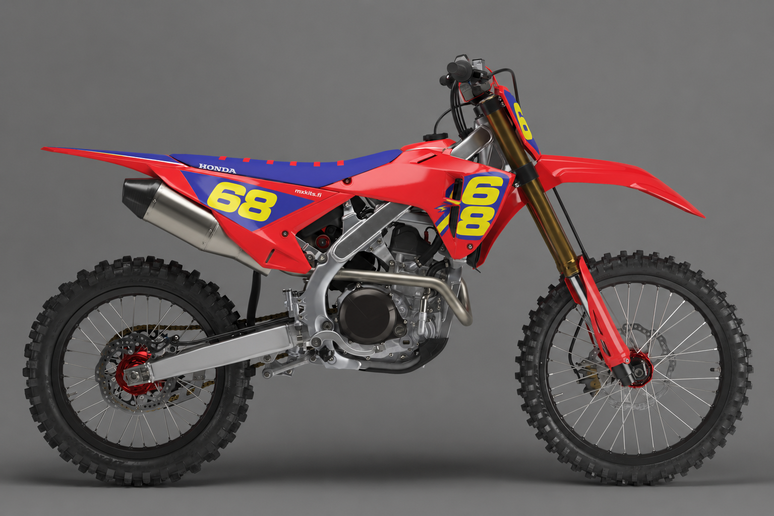 Honda Ysärisäde personoitava motocross-tarrasarja, punainen sininen ja keltainen retrografiikka sekä esimerkkiluku 68
