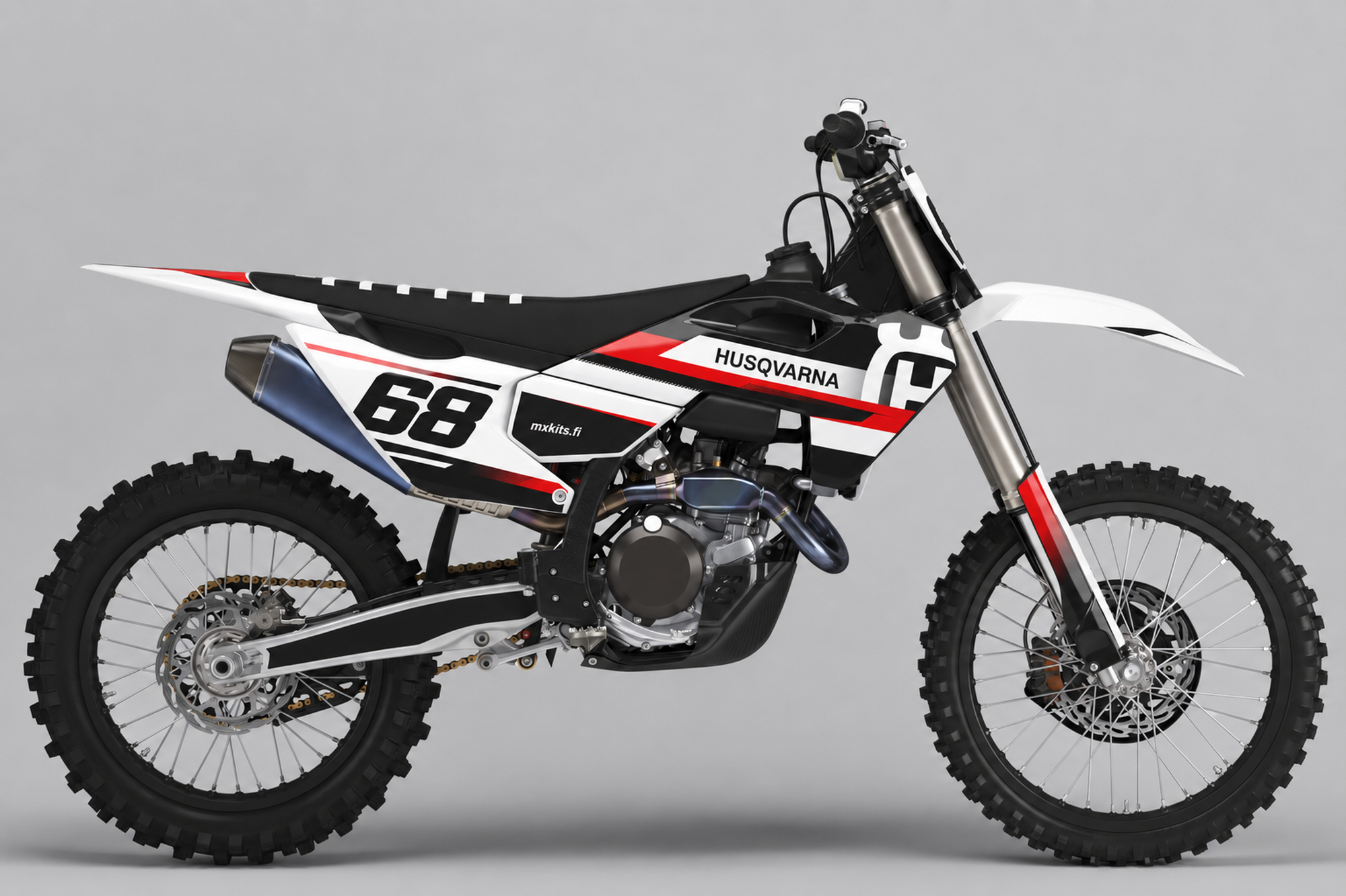 Valkoinen, musta ja punainen Husqvarna-motocrosspyörä Inspire Black -grafiikalla, musta numero 68 ja mxkits.fi.