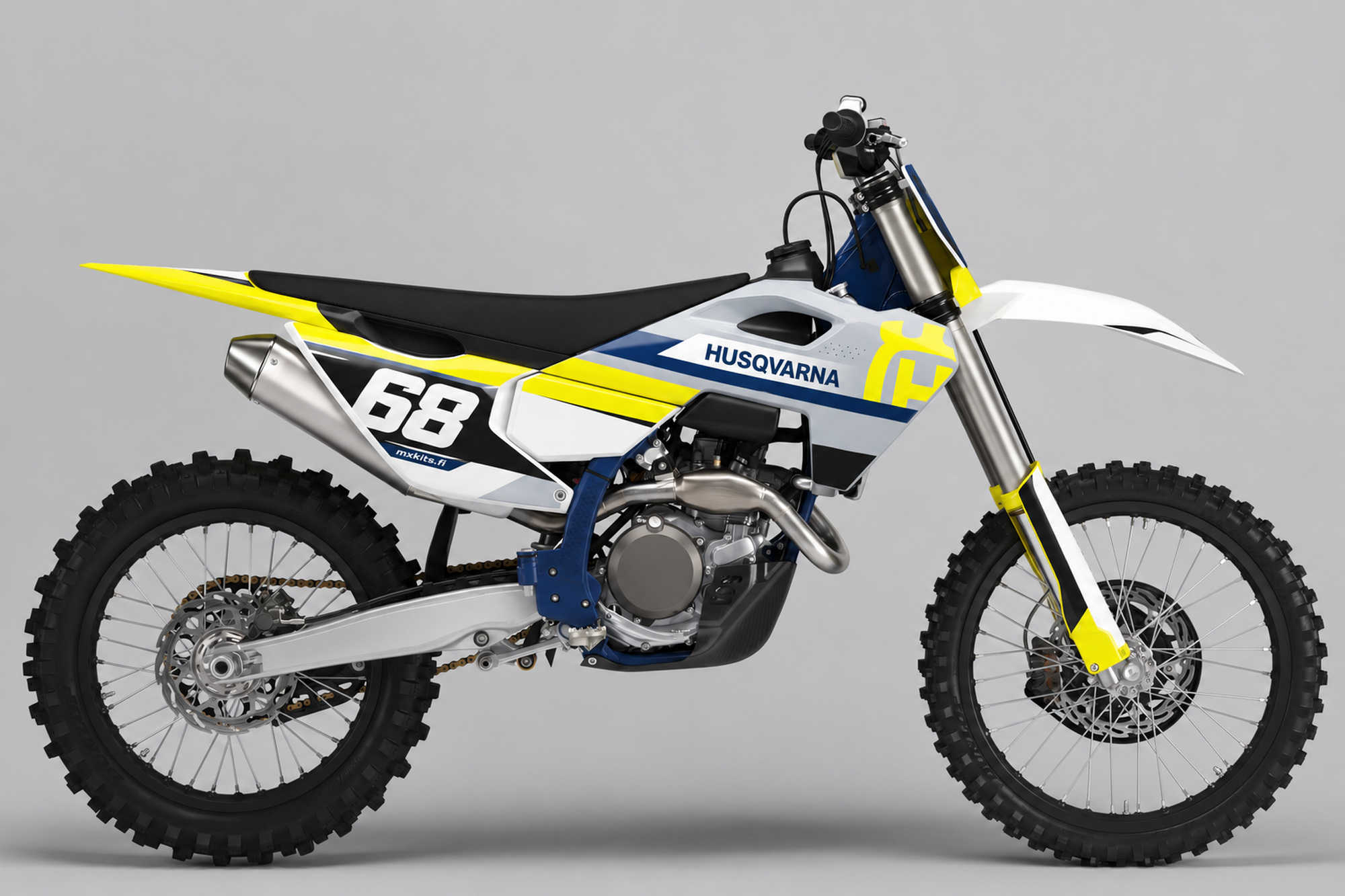 Valkoinen Husqvarna-motocrosspyörä tummansinisellä ja neonkeltaisella Inspire-grafiikalla, numero 68 ja mxkits.fi.