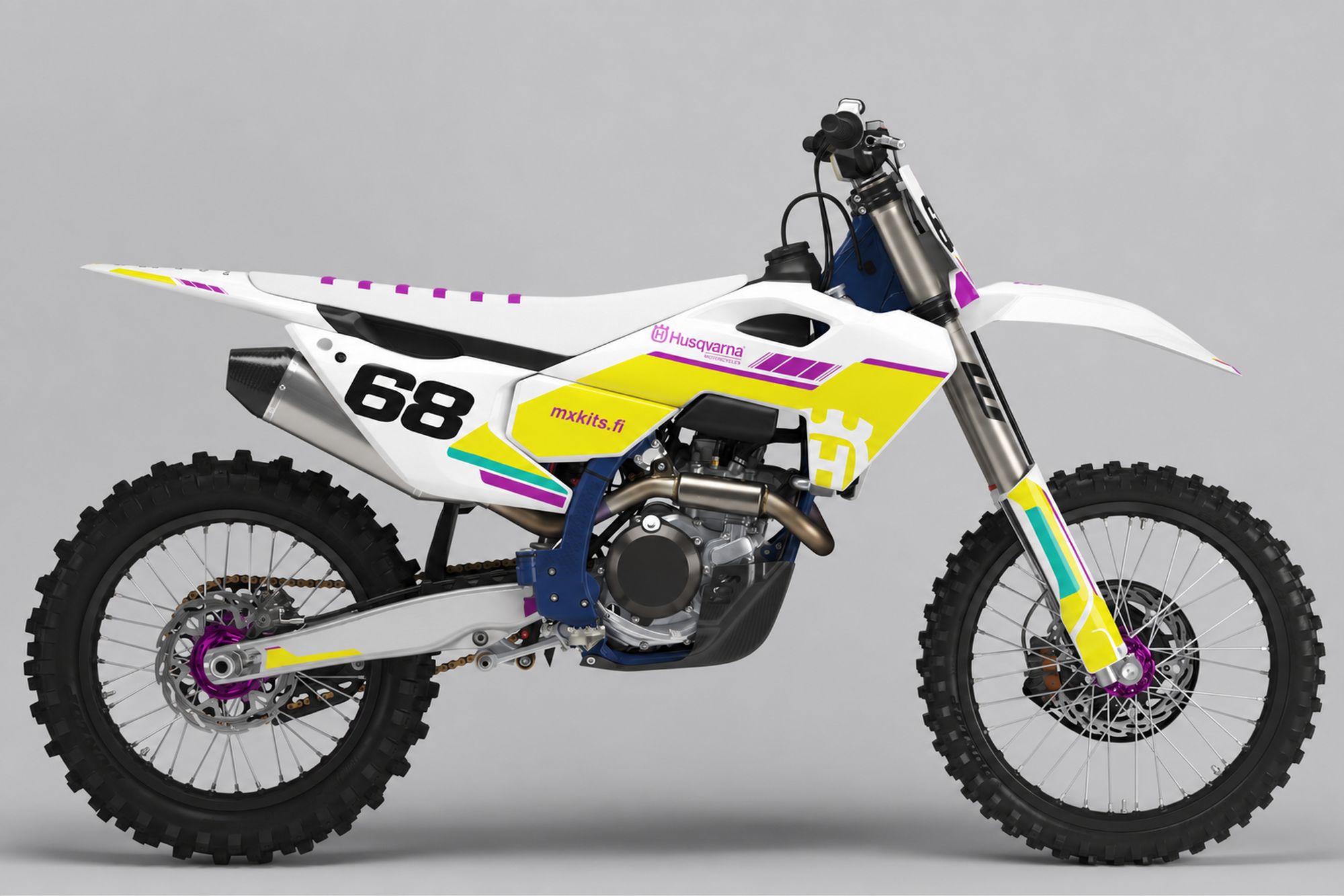 Valkoinen Husqvarna-motocrosspyörä keltaisella, magentalla ja turkoosilla Portal-grafiikalla, musta numero 68 ja mxkits.fi.