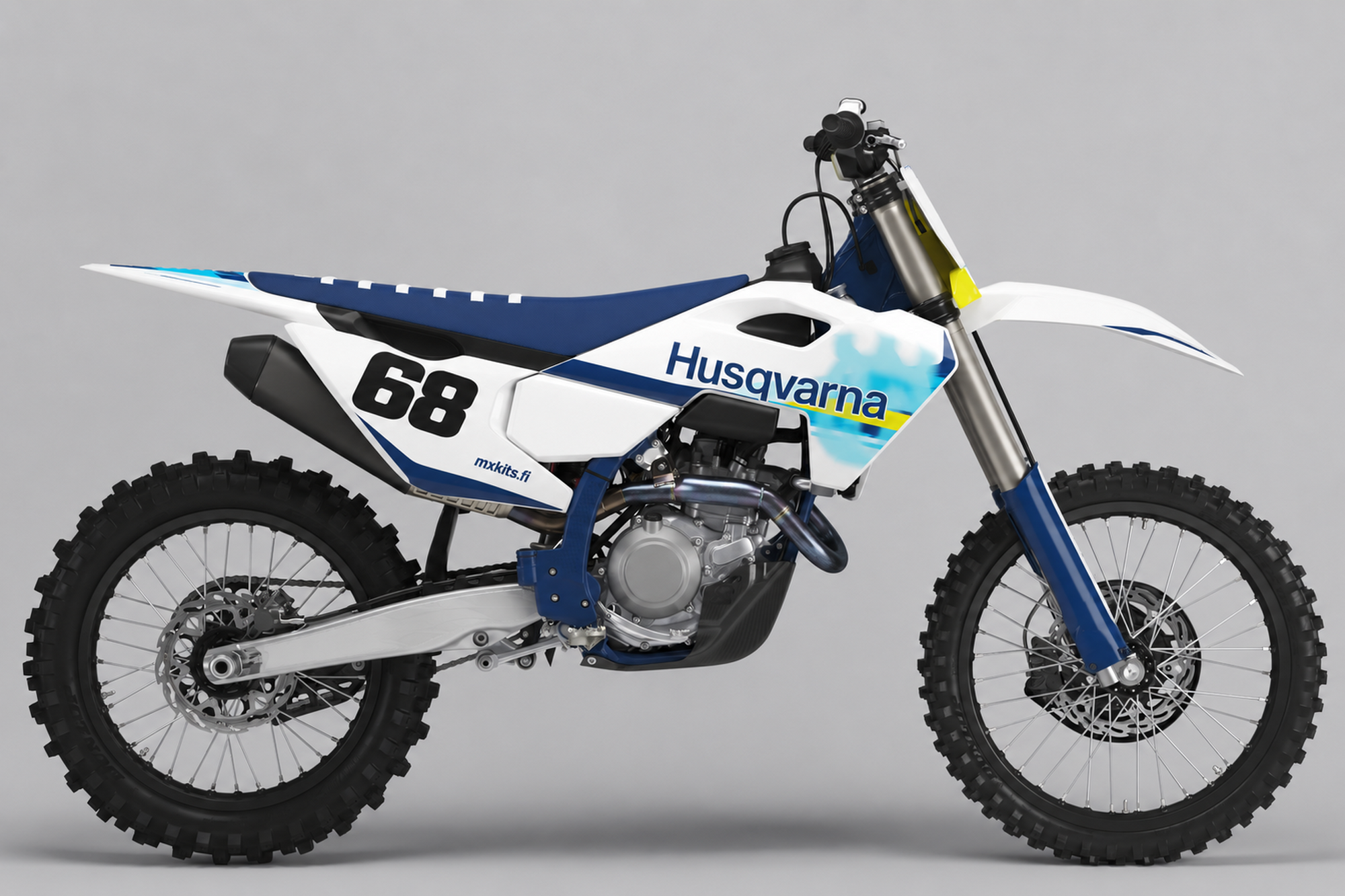 Husqvarna Jäähorisontti -tarrasarja numerolla 68, valkoinen ja tummansininen pohja, syaani häivytys sekä mxkits.fi