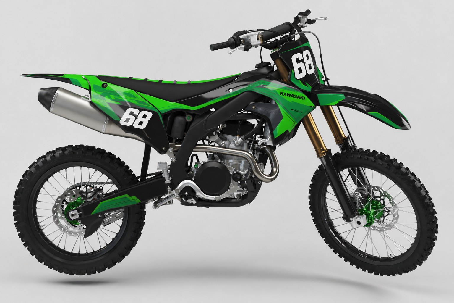 Kawasaki Savage Alt motocross-tarrasarja mustan ja limenvihreän grafiikan sekä numeron 68 kanssa