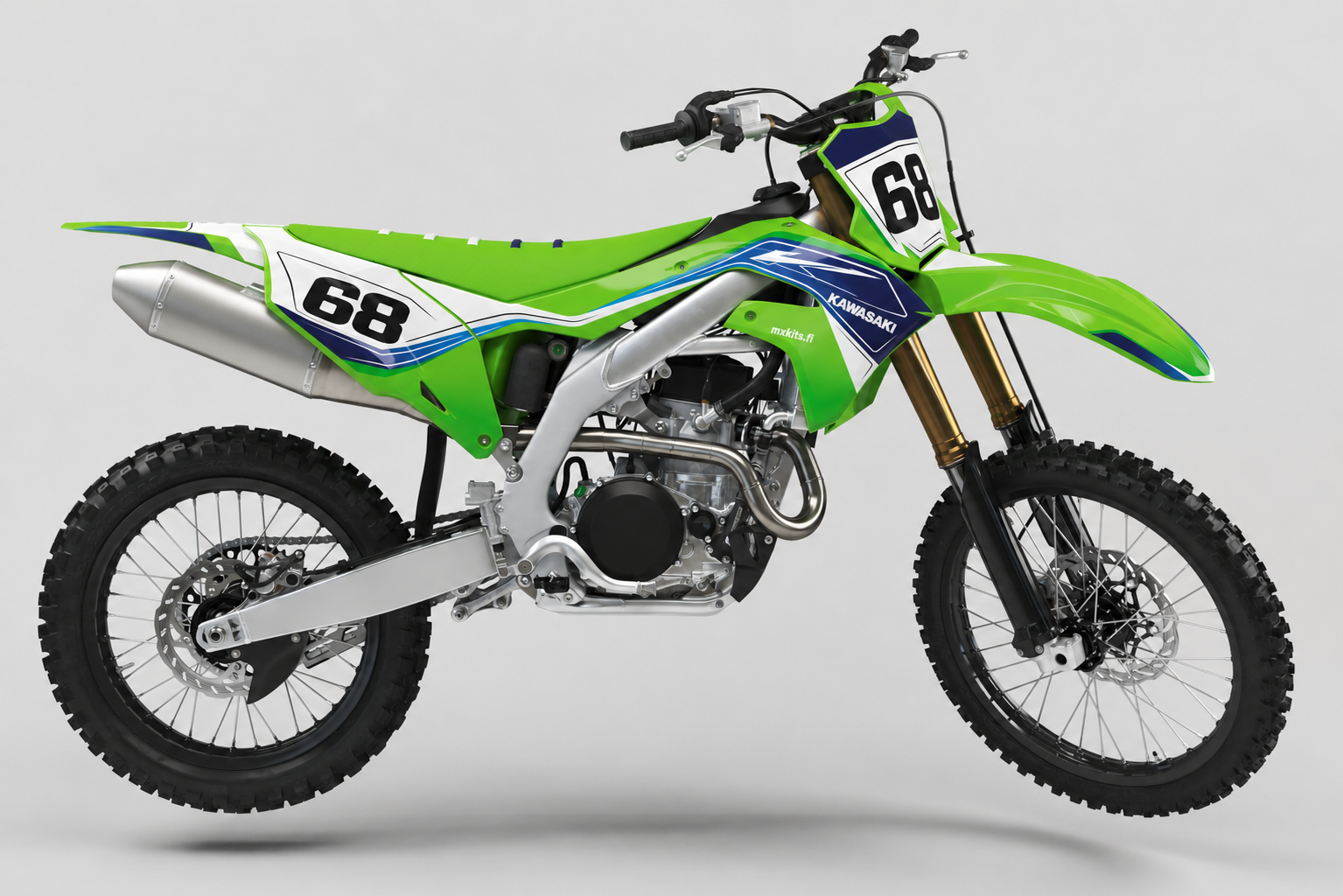 Kawasaki Savage motocross-grafiikkasarja valkoisen, limen ja tummansinisen ilmeen sekä numeron 68 kanssa