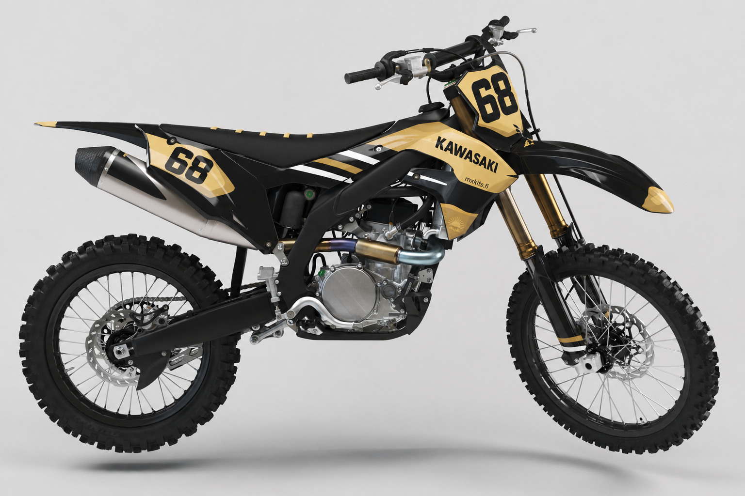 Kawasaki Wander Tan motocross-tarrasarja hiekan, mustan ja valkoisen grafiikan sekä numeron 68 kanssa