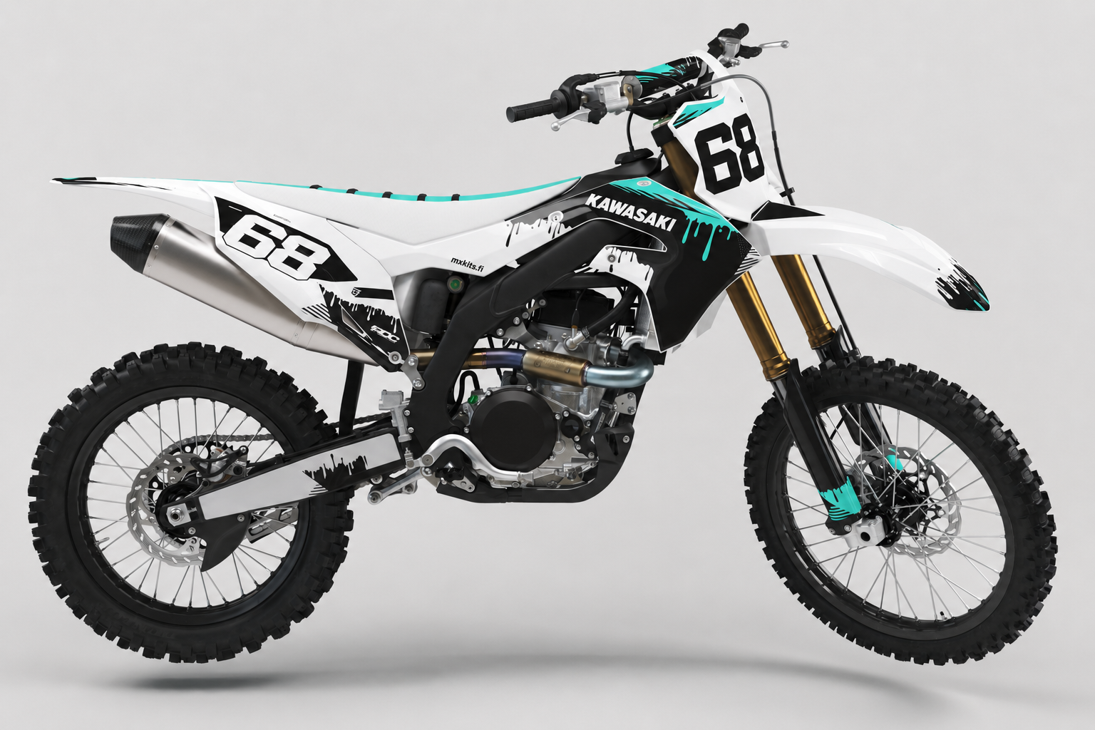 Kawasaki Factory Drip White motocross-grafiikkasarja valkoisella ja turkoosilla roiskekuviolla sekä numerolla 68