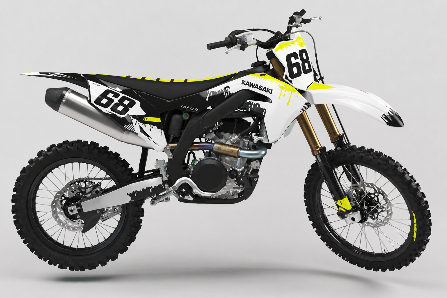 Kawasaki Factory Drip Flo motocross-tarrasarja valkoisella, mustalla ja neonkeltaisella kuviolla sekä numerolla 68