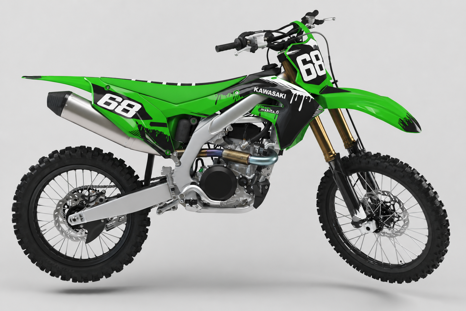 Kawasaki Factory Drip motocross-grafiikkasarja limenvihreällä ja mustalla roiskekuviolla sekä numerolla 68
