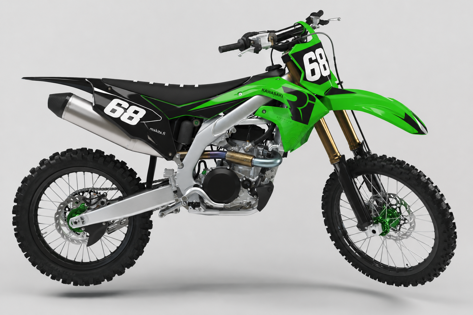 Kawasaki Metsäsärmä motocross-tarrasarja syvän mustalla ja kirkkaan vihreällä grafiikalla sekä numerolla 68