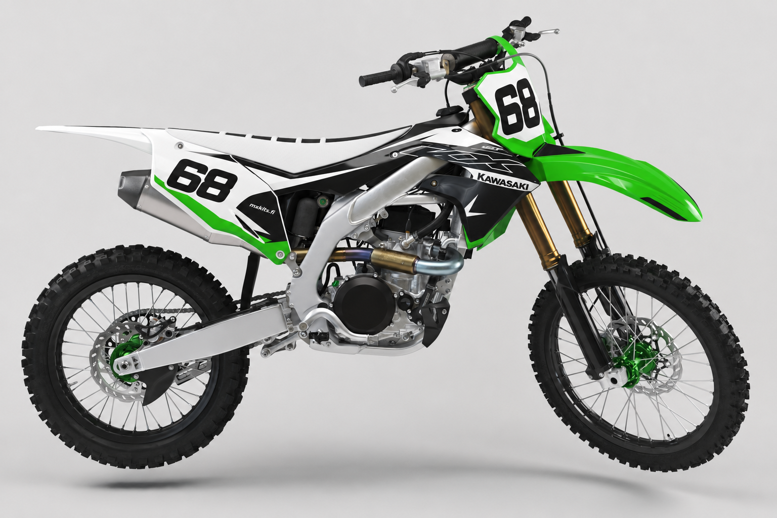 Kawasaki Valkoviiva motocross-grafiikkasarja valkoisilla, mustilla ja limenvihreillä paneeleilla sekä numerolla 68