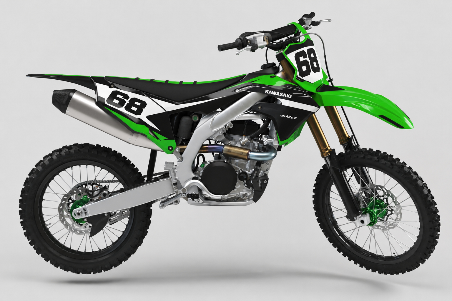 Kawasaki Mustaviiva motocross-tarrasarja mustan, valkoisen ja vihreän kilpailugrafiikan sekä numeron 68 kanssa