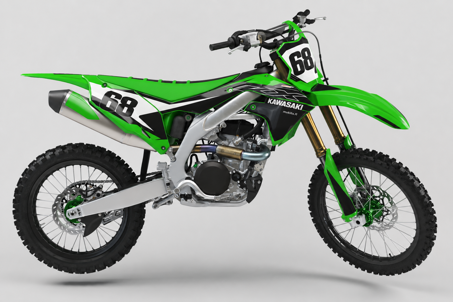 Kawasaki Limeviiva motocross-grafiikkasarja kirkkaan vihreällä, mustalla ja valkoisella ilmeellä sekä numerolla 68