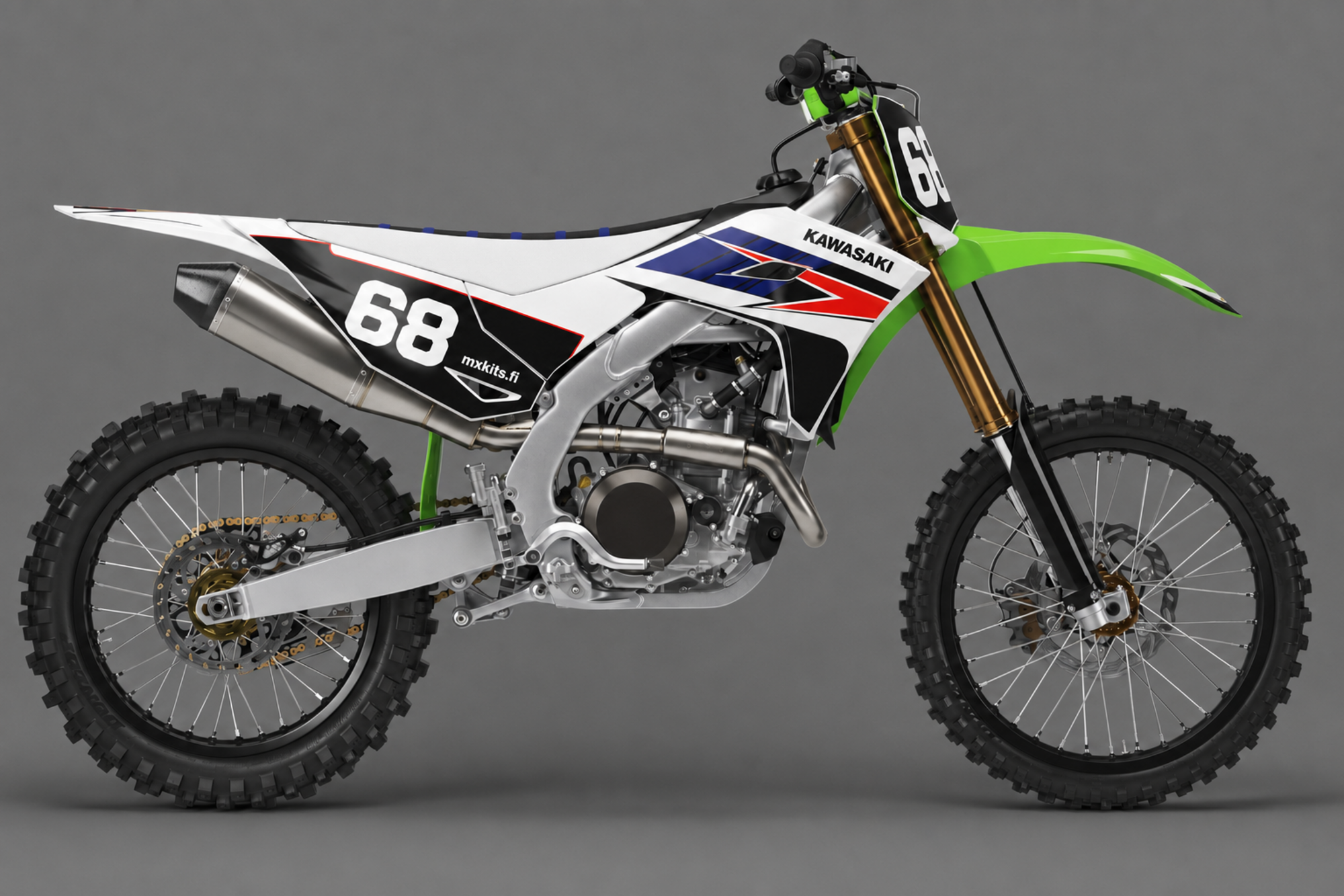 Vihreä, valkoinen, musta, punainen ja tummansininen Kawasaki-motocrosspyörä 2000-luvun retro-grafiikalla, numero 68, KAWASAKI ja mxkits.fi.