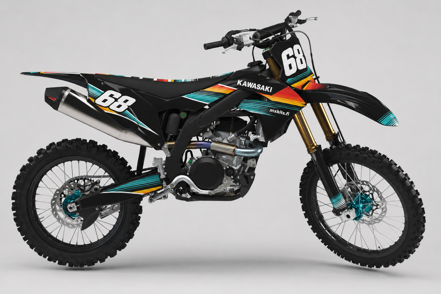 Kawasaki Bajaraita musta, turkoosi, oranssi, keltainen, punainen, valkoinen motocross-tarrasarja numerolla 68