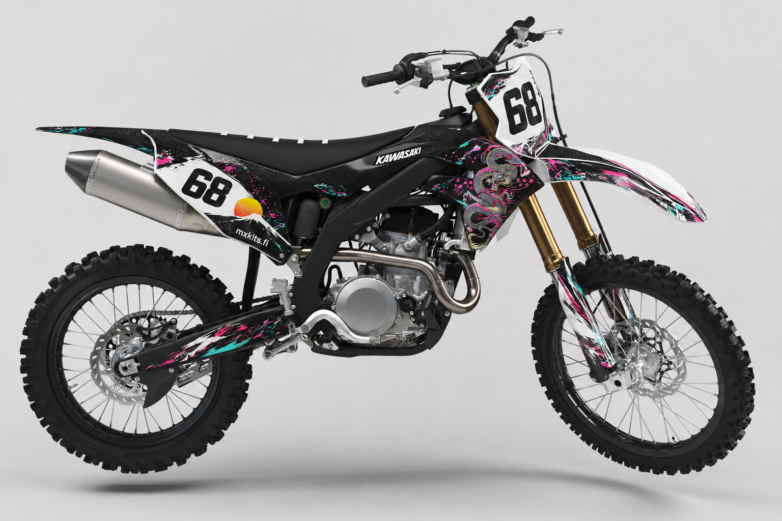 Kawasaki Fujihehku motocross-tarrasarja valkoisen, mustan, pinkin ja turkoosin grafiikan sekä numeron 68 kanssa