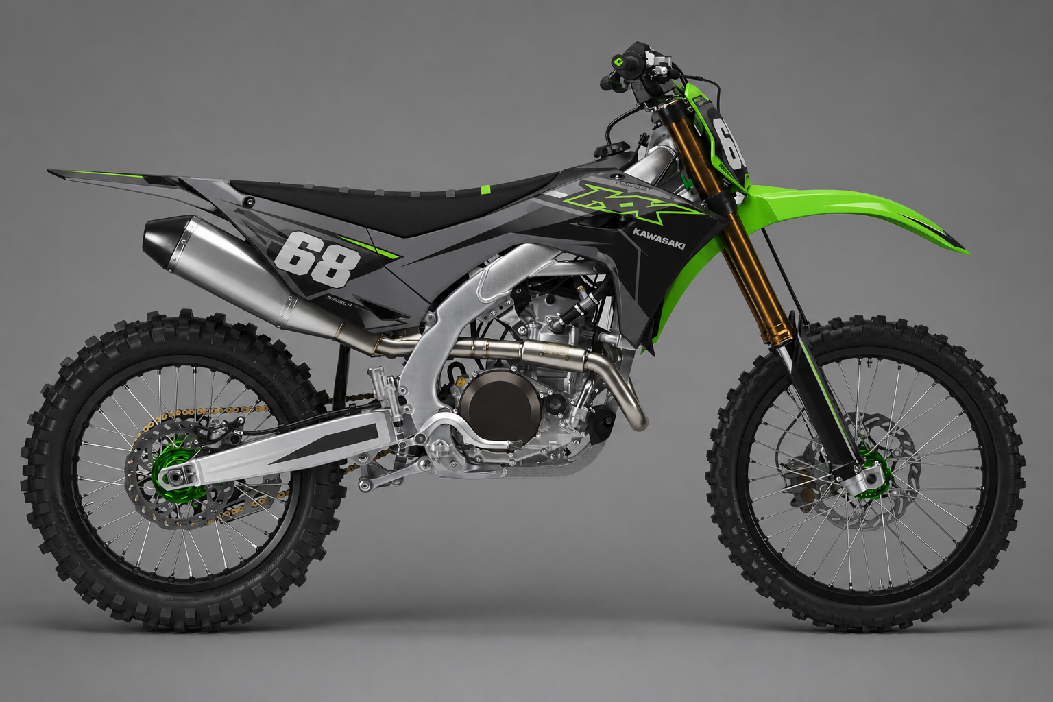 Kawasaki Grafiittisärmä tumma sponsoriton motocross-tarrasarja numerolla 68, mxkits.fi