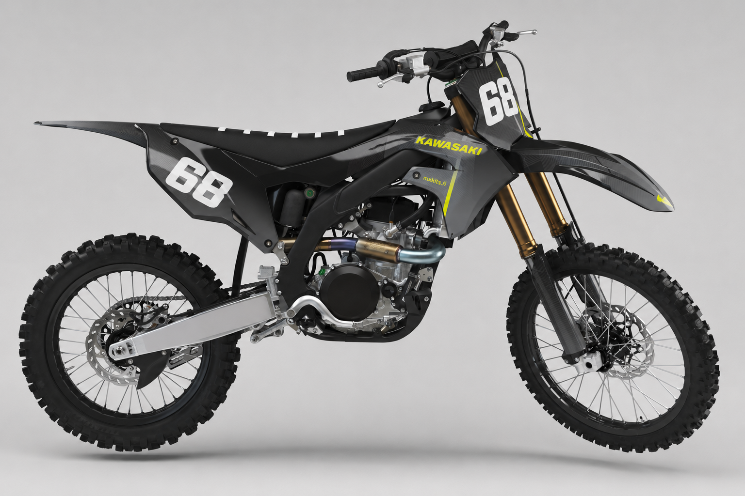 Kawasaki Happokuitu musta grafiitti ja happokeltainen motocross-tarrasarja numerolla 68