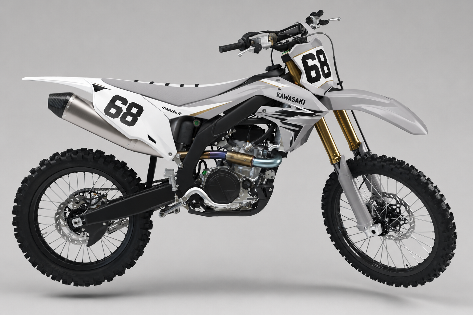 Kawasaki Harmaakulma harmaa valkoinen ja musta motocross-tarrasarja numerolla 68