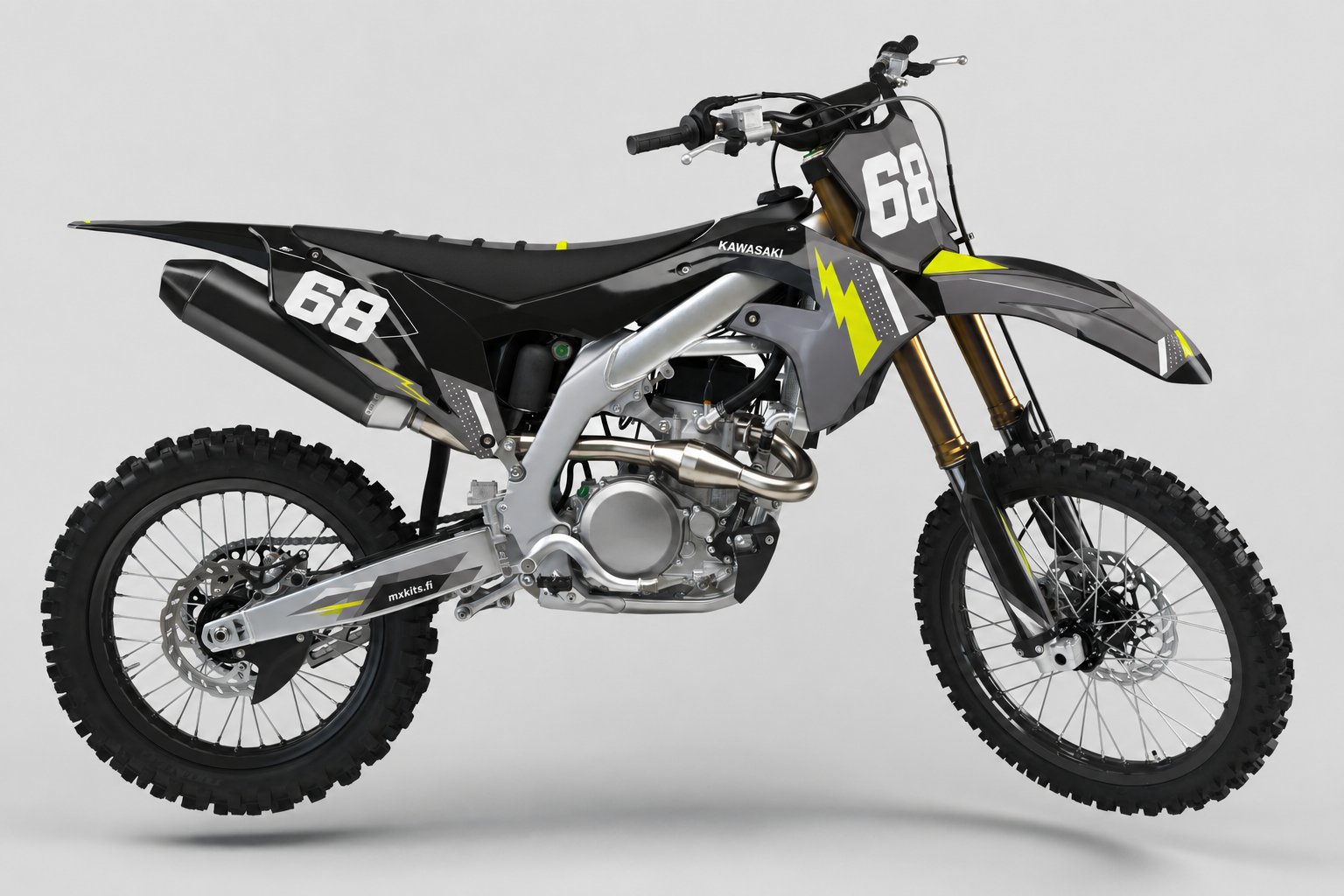 Kawasaki Harmaavaraus motocross-tarrasarja grafiitinharmaan, mustan, valkoisen ja keltaisen grafiikan sekä numeron 68 kanssa