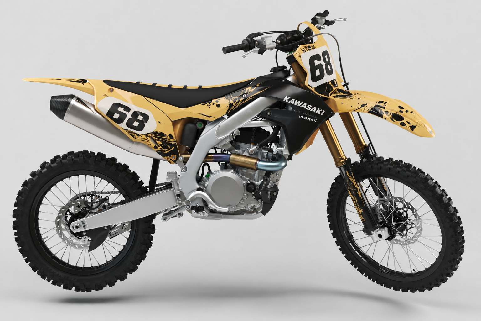 Kawasaki Hiekkavirta motocross-tarrasarja hiekan, mustan ja valkoisen grafiikan sekä numeron 68 kanssa