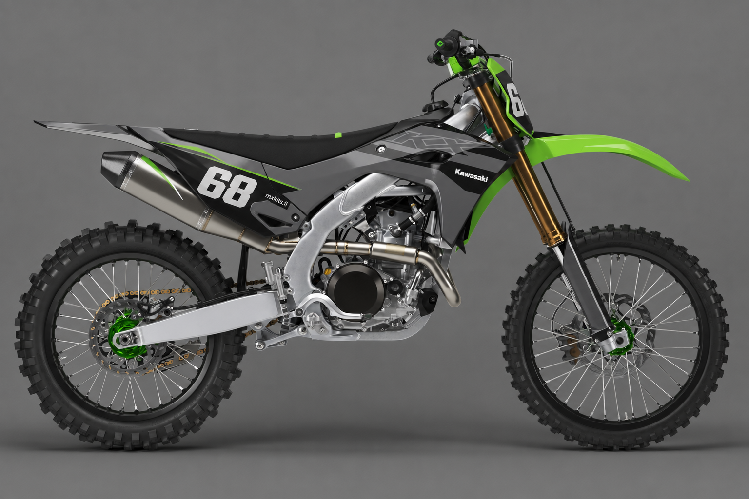 Kawasaki Hiilihäive personoitava motocross-tarrasarja, hiilenharmaa musta ja vihreä, numero 68 ja mxkits.fi