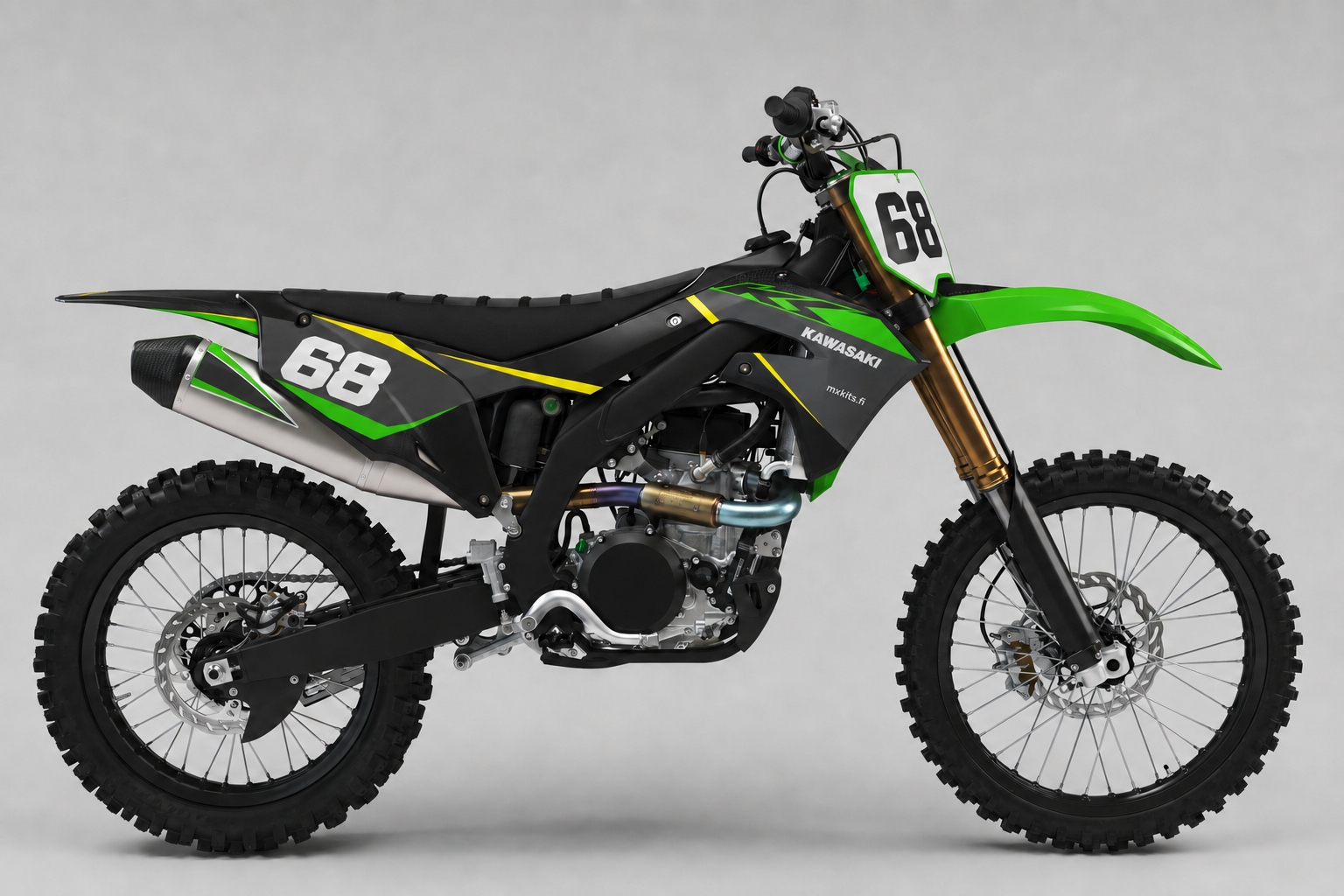 Kawasaki Hiilikajo musta harmaa limevihreä motocross-tarrasarja numerolla 68
