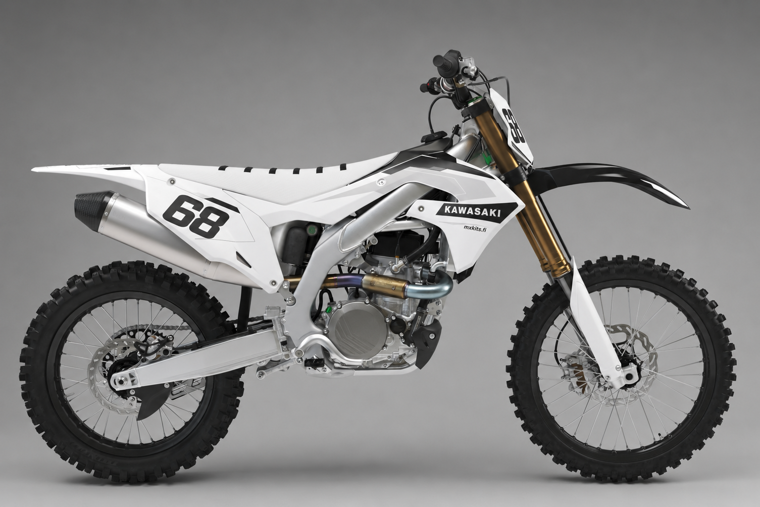 Kawasaki Jäälinja valkoinen hopea minimalistinen motocross-tarrasarja numerolla 68