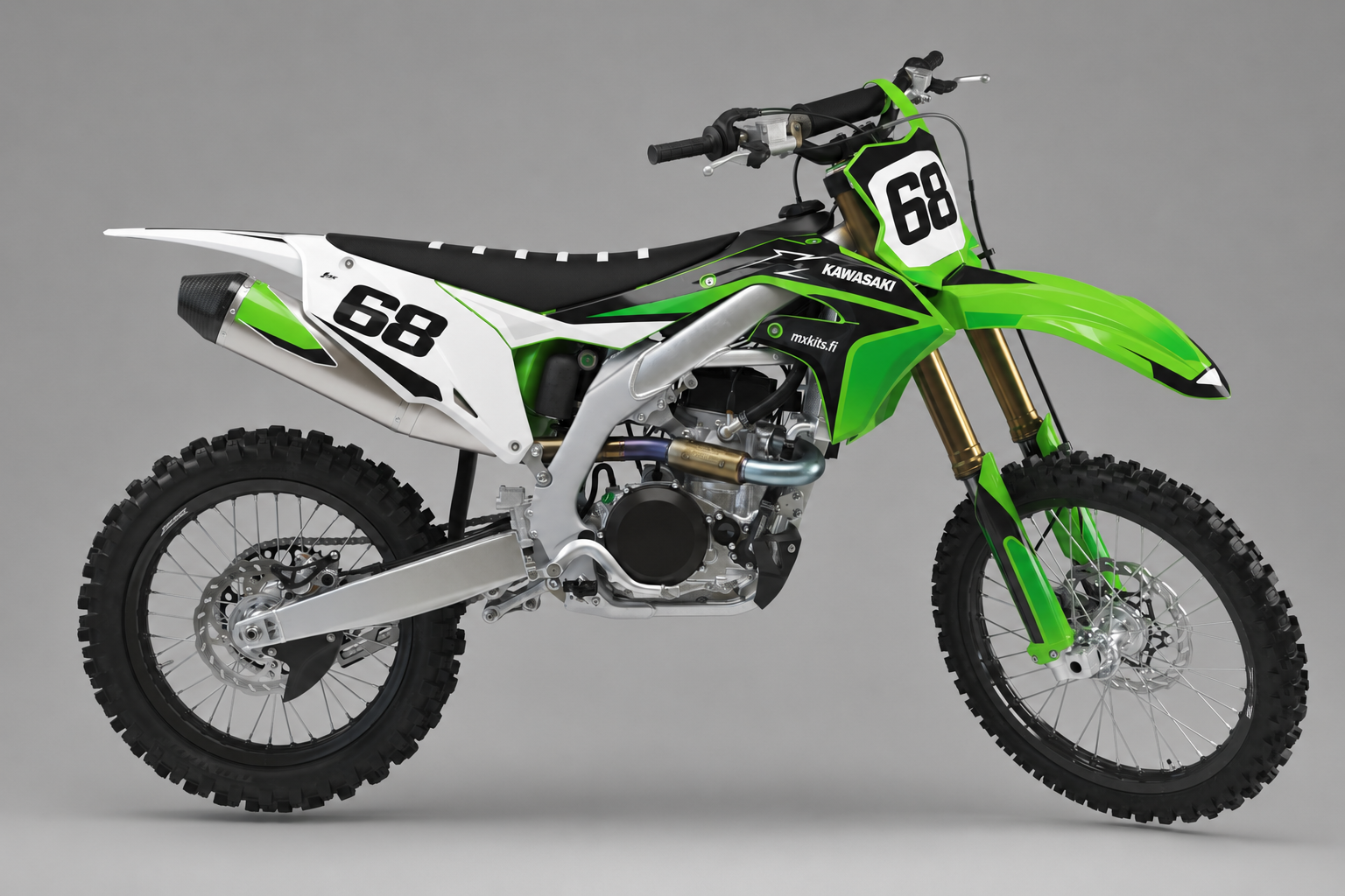 Kawasaki Jälkiviiva limevihreä valkoinen ja musta motocross-tarrasarja numerolla 68