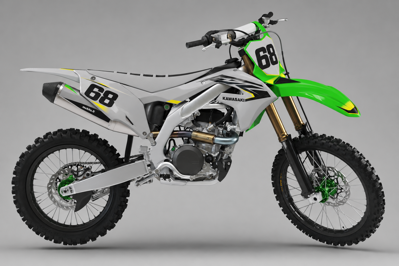Kawasaki Keltakajo hopeanharmaa lime ja keltainen motocross-tarrasarja numerolla 68
