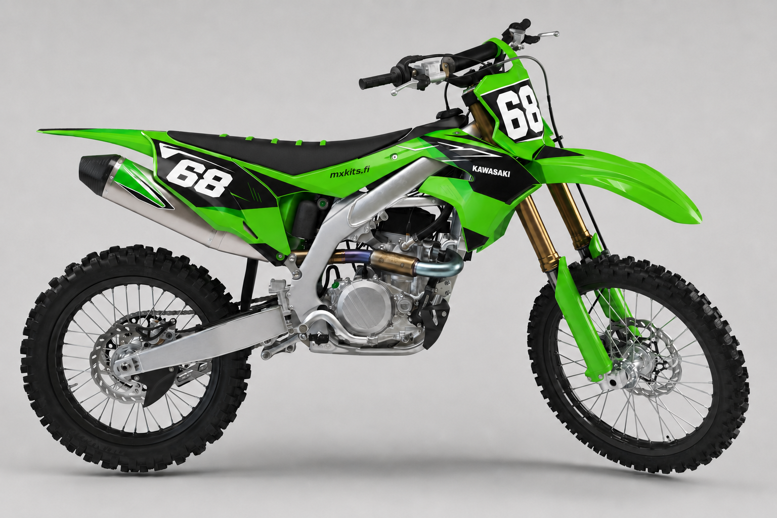 Kawasaki Kitkalime limevihreä musta ja valkoinen motocross-tarrasarja numerolla 68