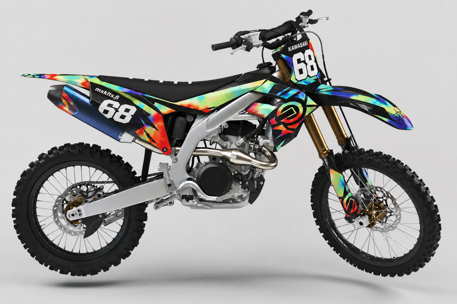 Kawasaki Kosmoväri motocross-tarrasarja, moniväriset kirkkaat aksentit, syvä musta, valkoinen ja Kawasaki-lime, numero 68