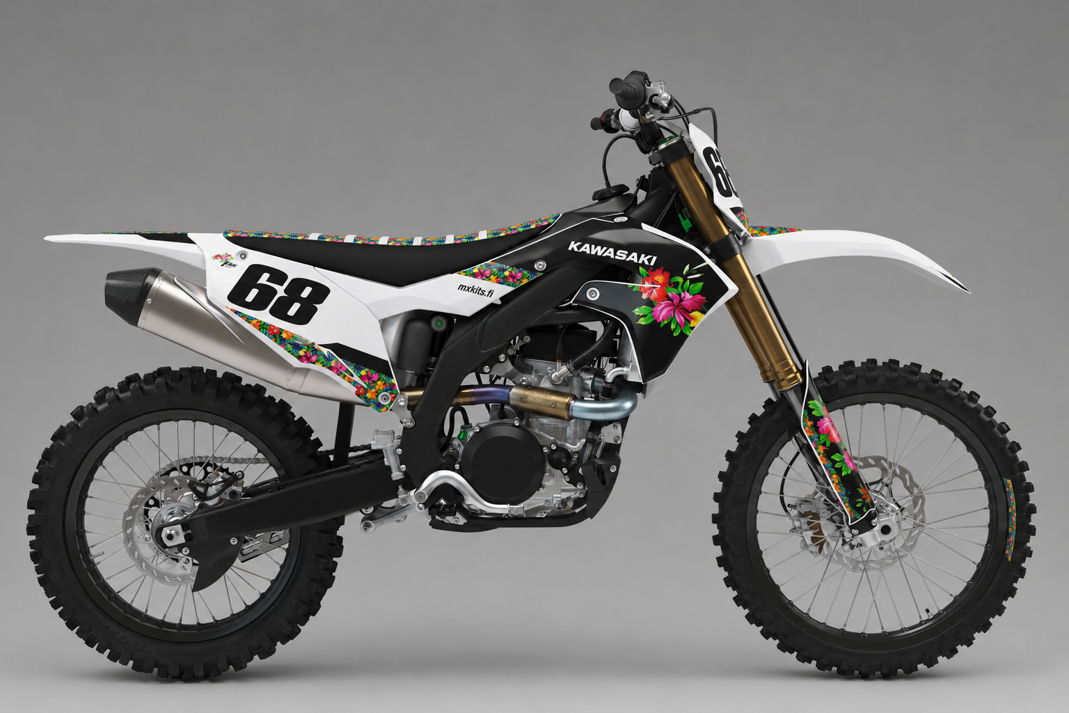 Kawasaki Kukkaraita valkoinen musta kukkakuvioinen motocross-tarrasarja numerolla 68