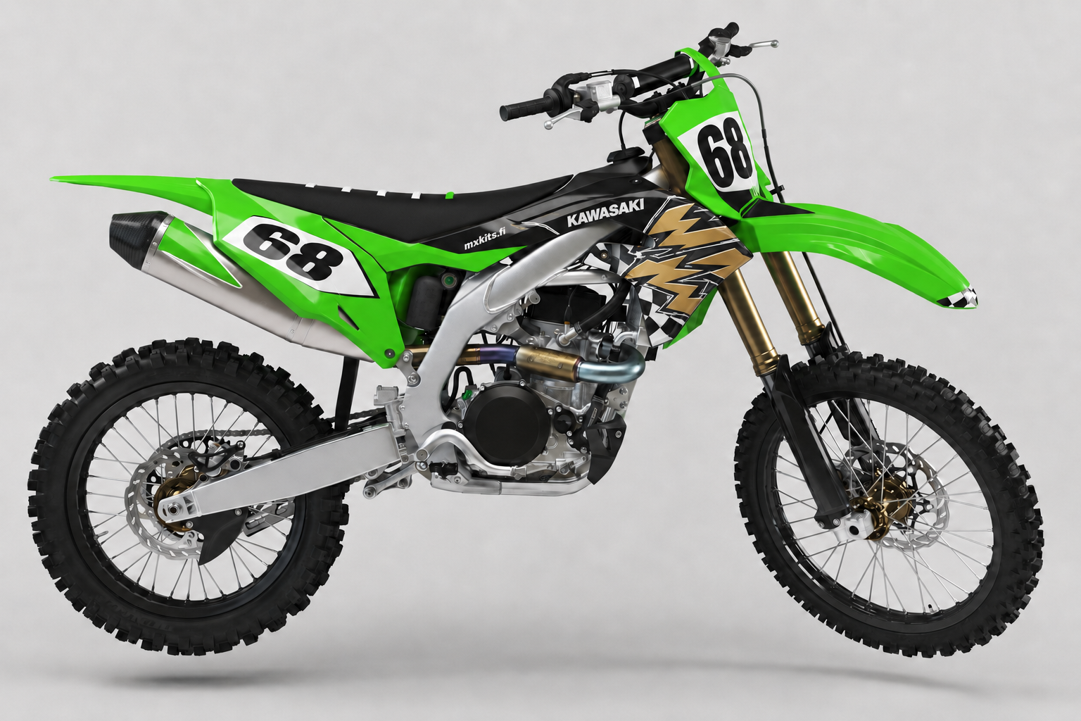 Kawasaki Kultavarjo limevihreä musta valkoinen ja kultainen retro motocross-tarrasarja numerolla 68