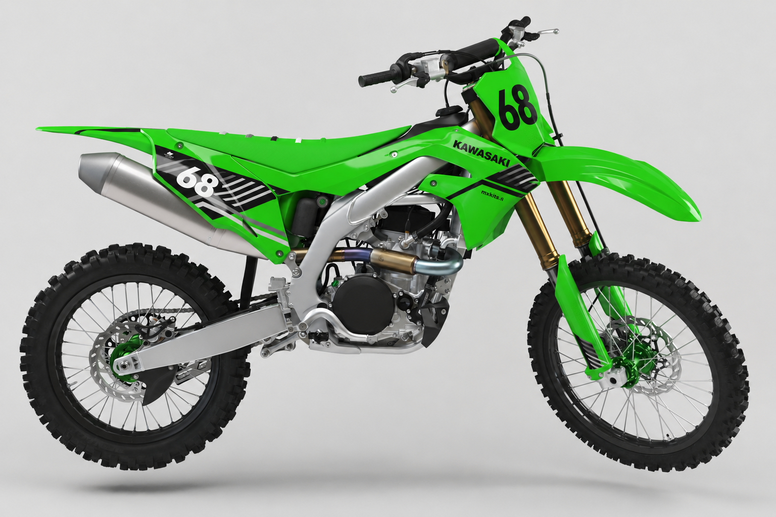 Kawasaki Lähilime limevihreä musta ja valkoinen motocross-tarrasarja numerolla 68