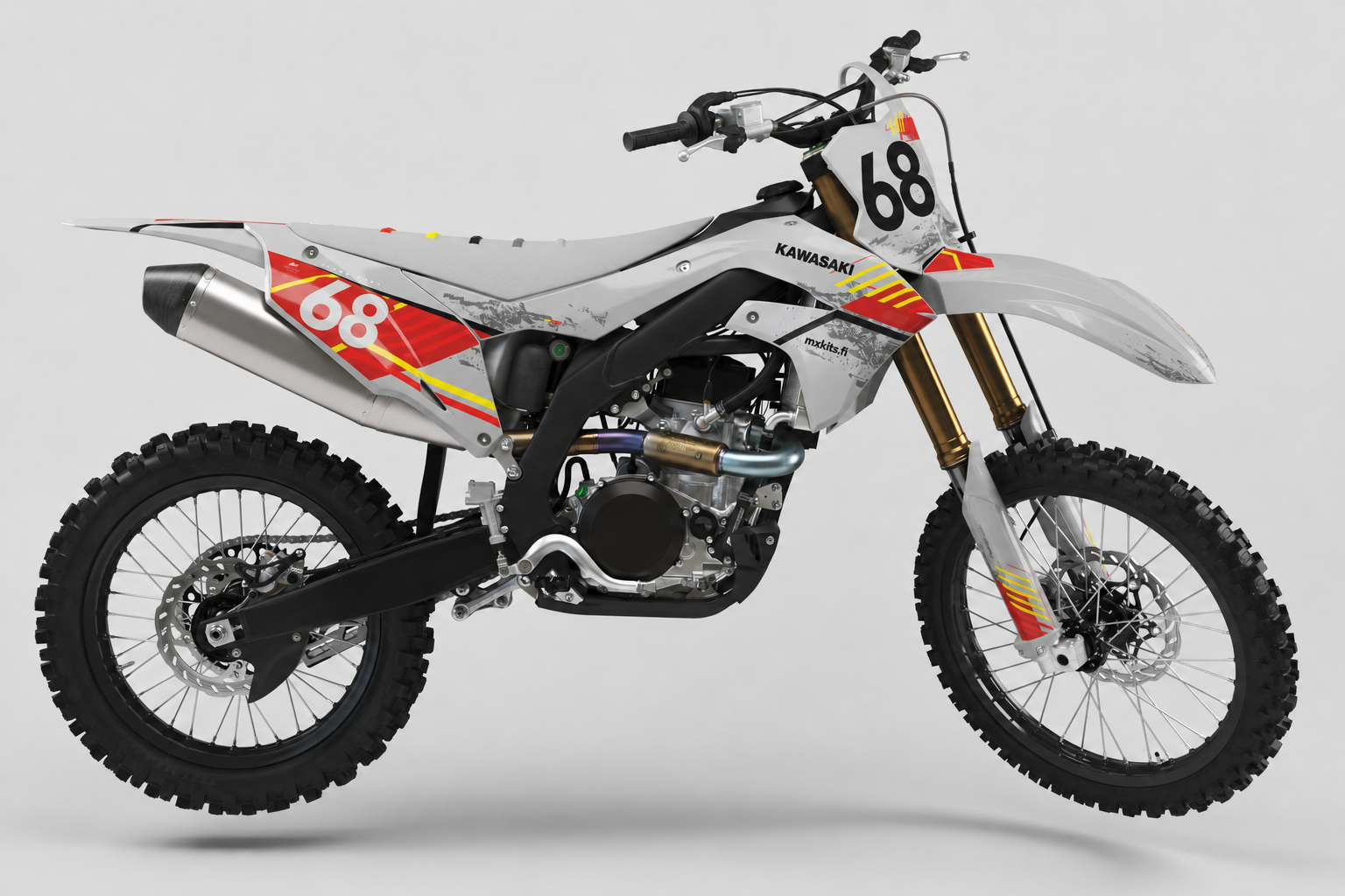 Kawasaki Lämpöraita vaaleanharmaa punainen ja keltainen motocross-tarrasarja numerolla 68