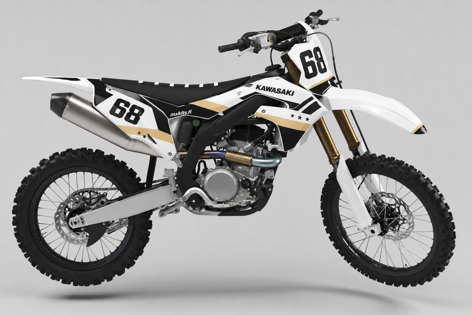 Kawasaki Latteviiva valkoinen beige ja musta personoitava motocross-tarrasarja numerolla 68
