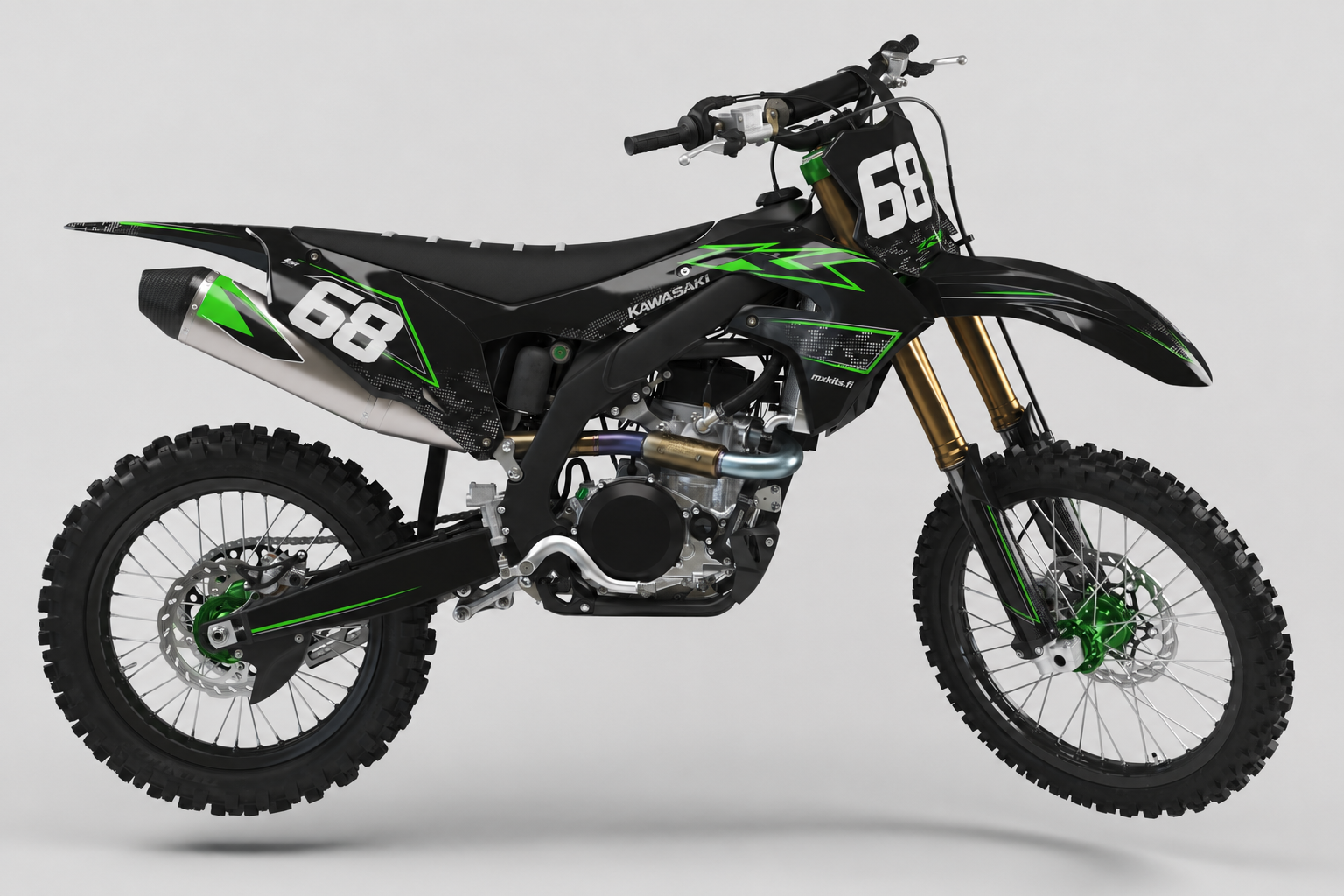 Kawasaki Limeakseli musta harmaa ja limevihreä motocross-tarrasarja numerolla 68