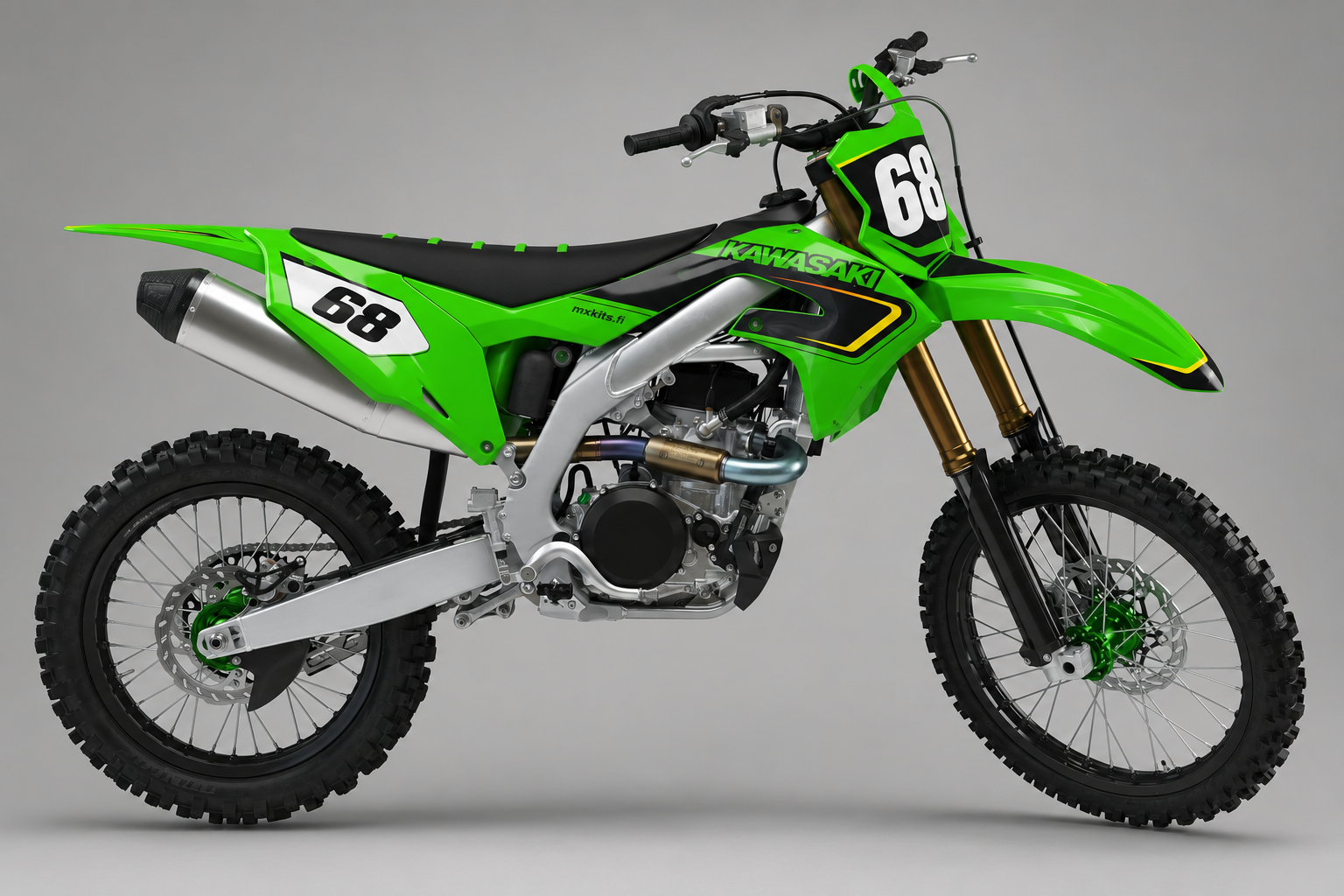 Kawasaki Limehehku Kawasaki-lime, musta, valkoinen, keltainen motocross-tarrasarja numerolla 68