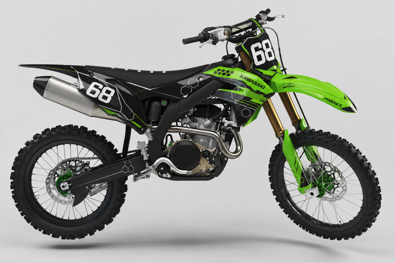 Kawasaki Limeheksa motocross-tarrasarja, Kawasaki-lime, syvä musta, puhdas valkoinen ja kevyt harmaa, numero 68