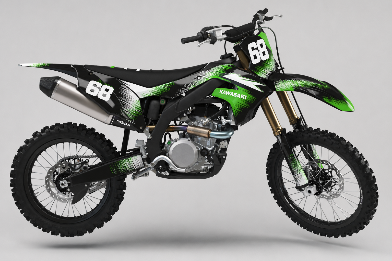 Kawasaki Limehyper musta, Kawasaki-lime, valkoinen, pieni harmaa motocross-tarrasarja numerolla 68